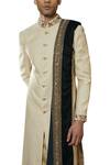 Buy_Qbik_Beige Silk Embroidered Sherwani Set_Online_at_Aza_Fashions