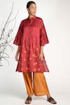 Buy_Umbar_Wine Silk Spread Collar Embroidered Tunic  _at_Aza_Fashions