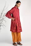 Umbar_Wine Silk Spread Collar Embroidered Tunic  _Online_at_Aza_Fashions