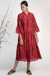 Buy_Umbar_Wine Silk And Cotton Blend Band Collar Embroidered Midi Dress  _at_Aza_Fashions