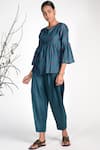 Umbar_Blue Silk Cotton Blend Pleated Pants  _Online_at_Aza_Fashions