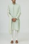 Vanshik_Green Raw Silk Embroidered Sherwani Set _Online_at_Aza_Fashions