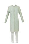 Buy_Vanshik_Green Raw Silk Embroidered Sherwani Set _Online_at_Aza_Fashions