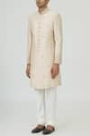 Vanshik_Peach Brocade Silk Sherwani Set _Online_at_Aza_Fashions