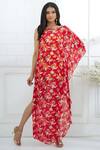 Buy_Mandira Wirk - Indian_Red Chiffon Round Printed Kaftan Dress _at_Aza_Fashions