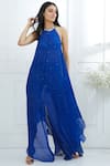 Buy_Mandira Wirk - Indian_Blue Georgette Halter Backless Asymmetric Dress _at_Aza_Fashions