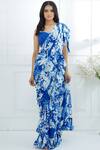 Mandira Wirk - Indian_Blue Chiffon V Neck Printed Saree With Blouse_Online_at_Aza_Fashions