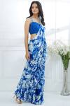 Buy_Mandira Wirk - Indian_Blue Chiffon V Neck Printed Saree With Blouse_at_Aza_Fashions