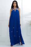 Buy_Mandira Wirk - Indian_Blue Viscose Chiffon Satin V Neck Embellished Maxi Dress_at_Aza_Fashions