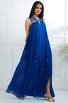 Mandira Wirk - Indian_Blue Viscose Chiffon Satin V Neck Embellished Maxi Dress_Online_at_Aza_Fashions