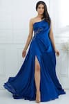 Buy_Mandira Wirk_Blue Chiffon Satin Asymmetric One Shoulder Draped Gown _at_Aza_Fashions