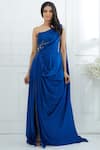 Mandira Wirk_Blue Chiffon Satin Asymmetric One Shoulder Draped Gown _Online_at_Aza_Fashions