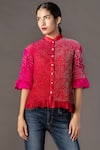 Twenty Nine_Pink Silk Mandarin Collar Bandhani Shirt _Online_at_Aza_Fashions