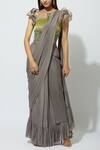 Buy_Babita Malkani_Grey Crepe Round Embellished Pre-draped Saree _at_Aza_Fashions