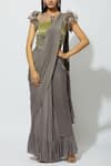 Babita Malkani_Grey Crepe Round Embellished Pre-draped Saree _Online_at_Aza_Fashions