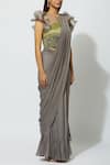 Buy_Babita Malkani_Grey Crepe Round Embellished Pre-draped Saree _Online_at_Aza_Fashions