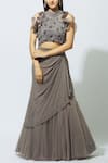 Buy_Babita Malkani_Grey Net, Crepe Round Embellished Draped Lehenga Set _at_Aza_Fashions