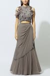 Babita Malkani_Grey Net, Crepe Round Embellished Draped Lehenga Set _Online_at_Aza_Fashions