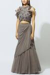 Buy_Babita Malkani_Grey Net, Crepe Round Embellished Draped Lehenga Set _Online_at_Aza_Fashions