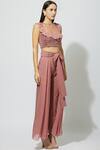 Babita Malkani_Pink Net, Italian Crepe Round Embellished Crop Top With Draped Pants _Online_at_Aza_Fashions