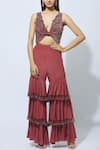 Buy_Babita Malkani_Maroon Crepe V Neck Embellished Crop Top With Sharara _at_Aza_Fashions