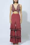 Babita Malkani_Maroon Crepe V Neck Embellished Crop Top With Sharara _Online_at_Aza_Fashions