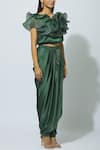 Babita Malkani_Green Crepe Round Embellished Crop Top With Draped Pants _Online_at_Aza_Fashions