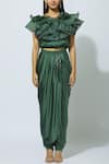 Shop_Babita Malkani_Green Crepe Round Embellished Crop Top With Draped Pants _Online_at_Aza_Fashions