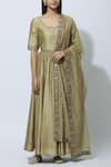 Buy_Virtuoso by Mekha and Anurag_Green Chanderi Leaf Neck Anarkali With Dupatta  _at_Aza_Fashions