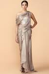 Buy_Tarun Tahiliani_Grey Dolphin Shimmer Foil Pre-draped Textured Saree With Blouse _at_Aza_Fashions