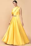 Buy_Tarun Tahiliani_Yellow Satin Lycra Round Draped Gown _at_Aza_Fashions