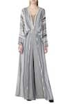 Buy_Limerick by Abirr N' Nanki_Grey Net V-shaped Striped Overlay Jumpsuit _at_Aza_Fashions