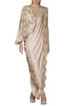 Buy_Limerick by Abirr N' Nanki_Gold Satin V-shaped Neckline Pre-draped Saree Dress _at_Aza_Fashions