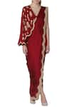 Buy_Limerick By Abirr N' Nanki_Wine Satin V-shaped Neckline Pre-draped Saree Dress _at_Aza_Fashions