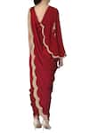 Shop_Limerick By Abirr N' Nanki_Wine Satin V-shaped Neckline Pre-draped Saree Dress _at_Aza_Fashions