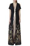 Buy_Limerick By Abirr N' Nanki_Black Silk, Satin, Shantoon Dress V-shaped Neckline Jacket Flap Draped With _at_Aza_Fashions