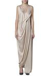 Limerick By Abirr N' Nanki_Black Silk, Satin, Shantoon Dress V-shaped Neckline Jacket Flap Draped With _Online_at_Aza_Fashions