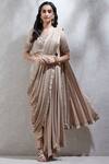 Buy_Ritu Kumar_Beige Lurex Stripe Round Embroidered Pre-draped Saree With Blouse_at_Aza_Fashions