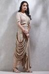 Ritu Kumar_Beige Lurex Stripe Round Embroidered Pre-draped Saree With Blouse_Online_at_Aza_Fashions