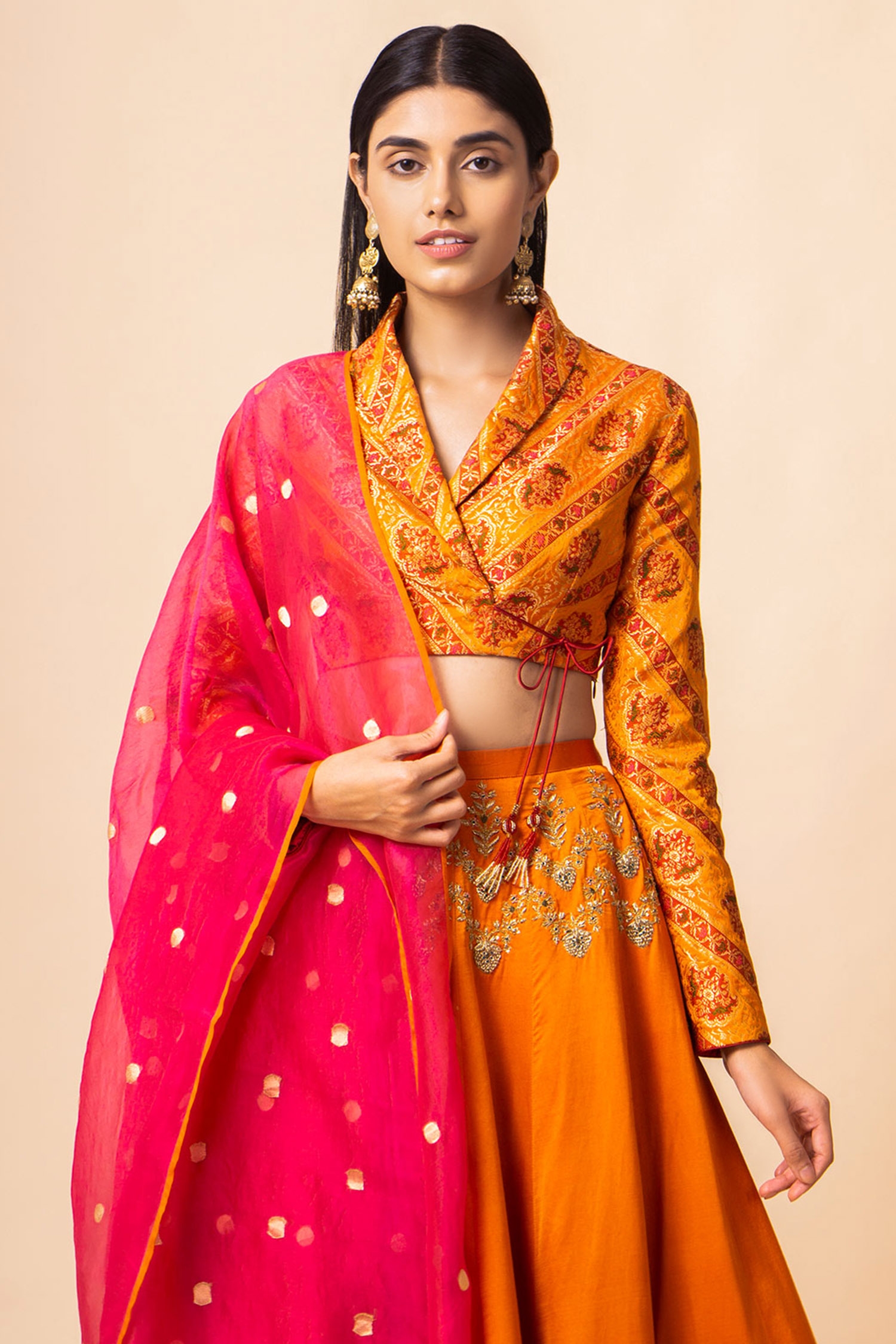 Shop_Ekaya_Orange Handwoven Banarasi Silk Lehenga Set_at_Aza_Fashions