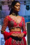 Ridhi Mehra_Red Raw Silk V-shaped Neckline Embroidered Bridal Lehenga Set _at_Aza_Fashions