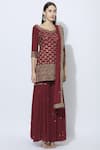 Esha Koul_Maroon Silk V Neck Kurta Sharara Set _Online_at_Aza_Fashions