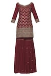 Shop_Esha Koul_Maroon Silk V Neck Kurta Sharara Set _Online_at_Aza_Fashions