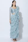 Nidhika Shekhar_Blue Silk Leaf-shaped Pre-draped Ruffle Saree With Blouse _Online_at_Aza_Fashions