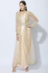 Buy_Nidhika Shekhar_Peach Silk Leaf-shaped Pre-draped Embroidered Saree Set _at_Aza_Fashions