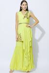 Buy_NIDHIKA SHEKHAR_Yellow Crepe, Georgette, Shantoon Lining V-shaped Asymmetric Kurta Sharara Set _at_Aza_Fashions