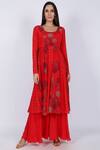 Natasha J_Red Crepe Round Printed Kurta Palazzo Set  _Online_at_Aza_Fashions