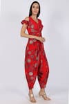 Shop_Natasha J_Red Crepe V Neck Printed Dhoti Style Jumpsuit  _at_Aza_Fashions