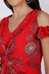 Natasha J_Red Crepe V Neck Printed Dhoti Style Jumpsuit  _Online_at_Aza_Fashions