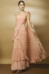 Buy_Varun Bahl_Pink Chanderi Sweetheart Neck Pre-draped Ruffle Saree _at_Aza_Fashions